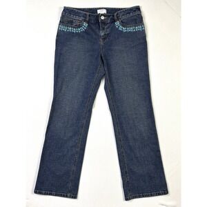 Jean ANN TAYLOR LOFT - Taille 2 - Broderie Dorée, Coupe Basse Bootcut - 98% Coton, 2% Élasthanne - Occasion Très Bon état